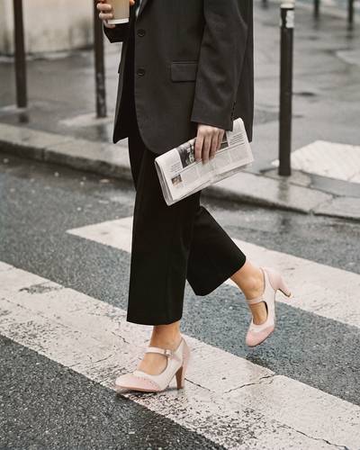 Light pink and cream J.Adams Kym Mary Jane heels on a Paris crosswalk