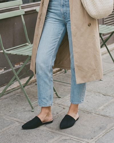 Black suede J.Adams Lennox flat mules with cropped jeans