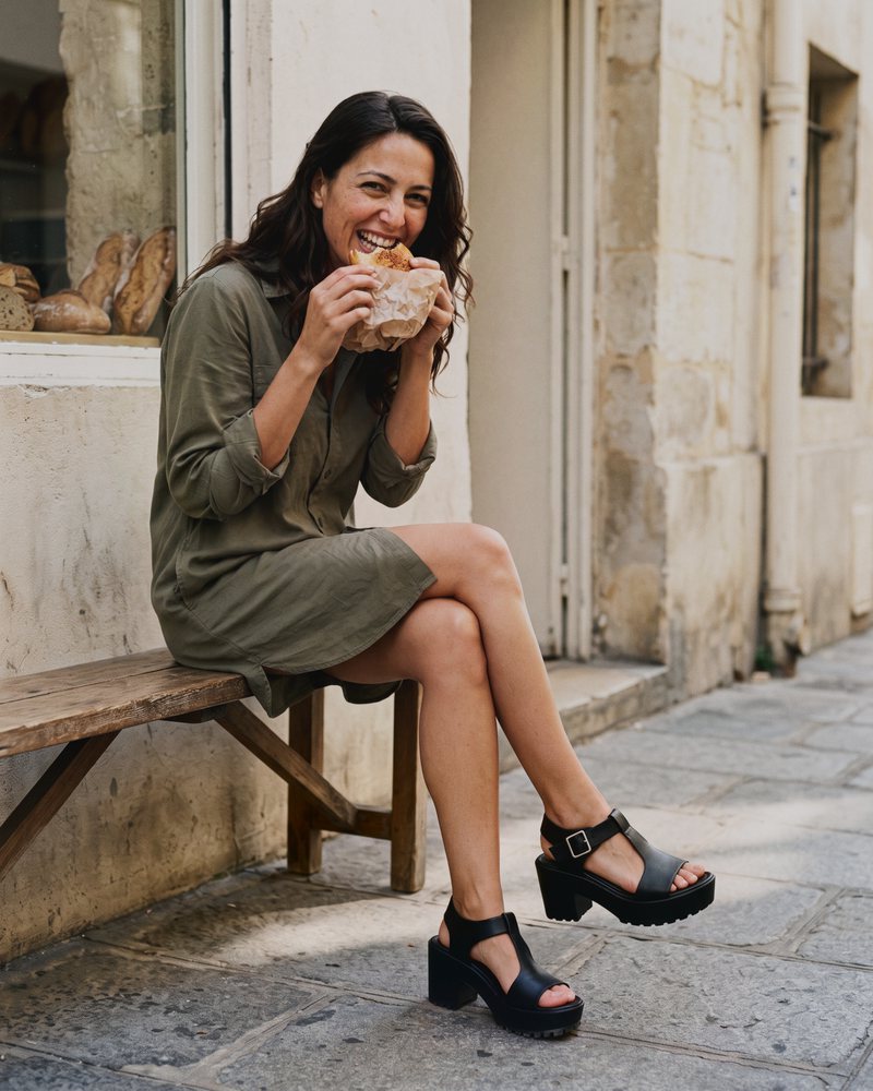 Black J.Adams Corby platform sandals on a woman laughing mid-bite on a bakery bench, with an olive shirt dress